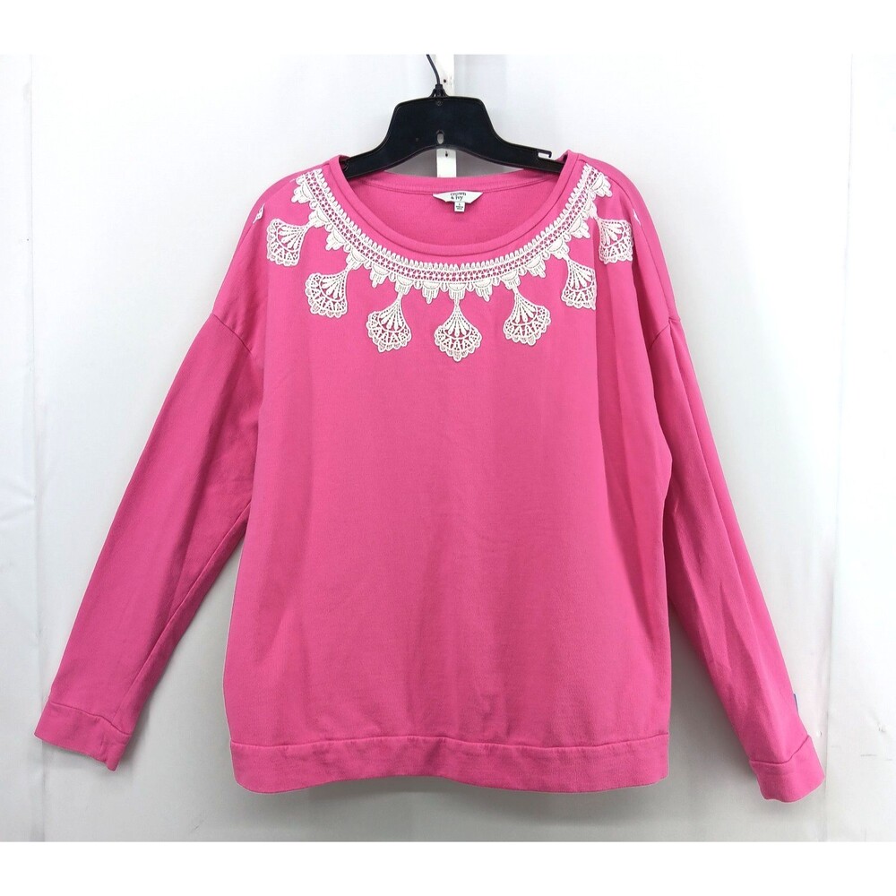 Crown & Ivy Shirt Women Large Pink Long Sleeve Crochet Embellished Neck Line Top